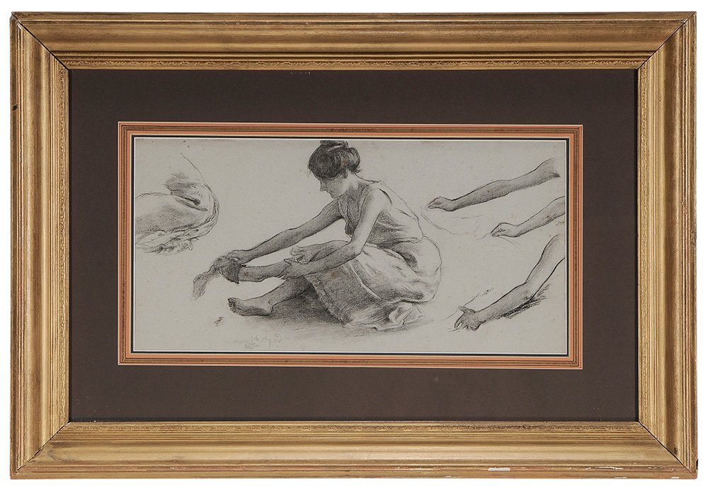Charles-Jean Agard: (French, 1866-1950) A Woman Dressing, signed lower left "Ch Agard", charcoal on gray paper, 8-7/8 x 17-7/8 in.; gilt wood frame,. Condition: foxing, not removed from frame; frame with abrasions, resur