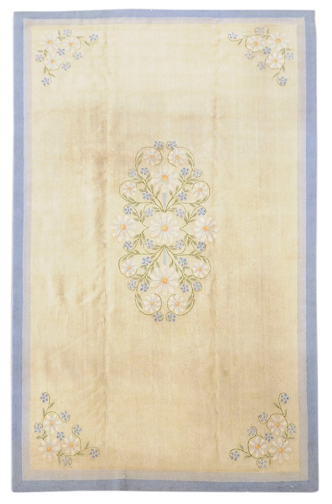 Edward Fields Carpet: mid-20th century, simple beige panel with gray and blue borders, floral cartouche and corner work, labeled verso “Edward Fields 15178”, 8 ft. 11 in. x 14 ft.,. Condition: uniform medium pile, grim