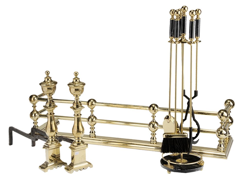 Suite of Brass and Iron Fireplace: Equipment urn finial andirons, 21 in.; fire fender, 49 in.; and set of fire tools and stand with marble mounts, 31-1/2 in., fender and andirons late 19th century; together with a set of modern fire to
