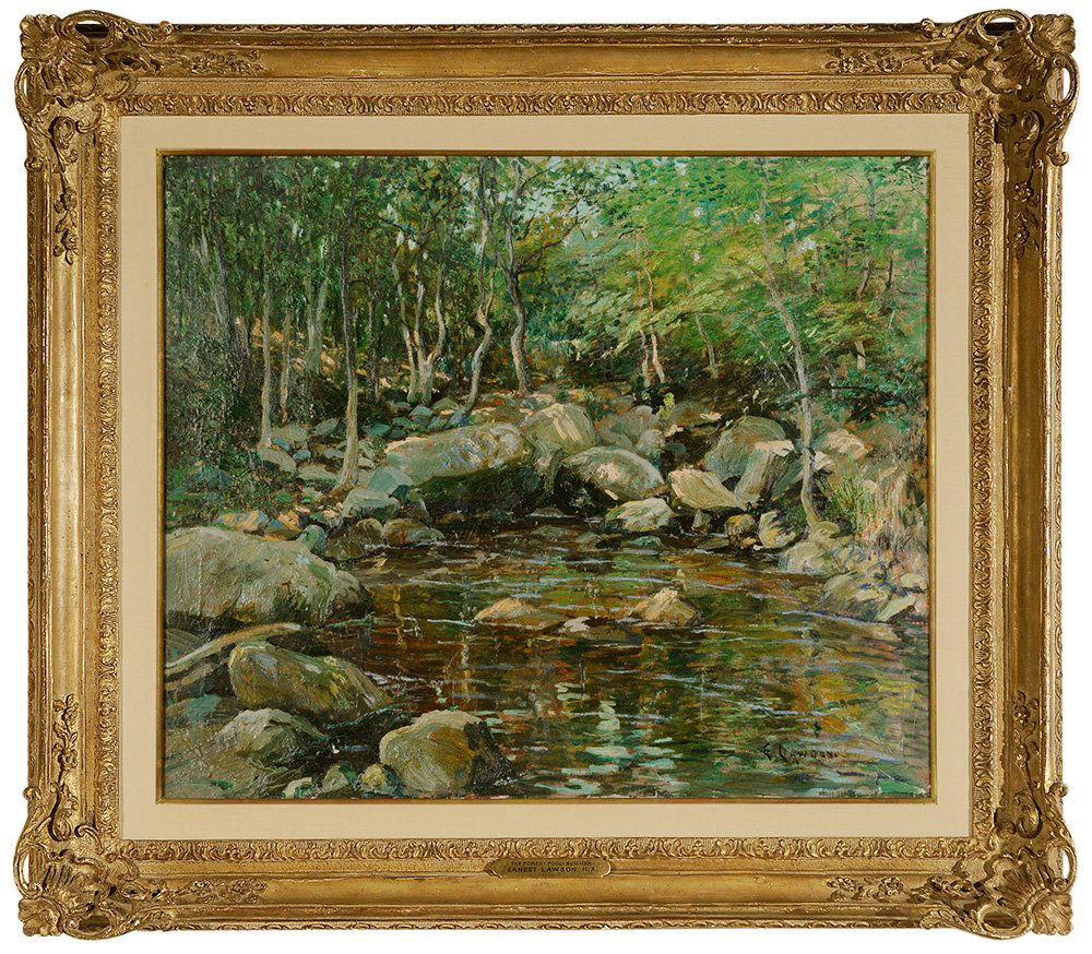 Ernest Lawson: (American/Canadian, 1873-1939) The Forest Pool-Summer, circa 1917, signed lower right "E. Lawson", oil on canvas, 25 x 30 in.; carved and gilt wood frame,. Condition: original stretcher and tacking ed
