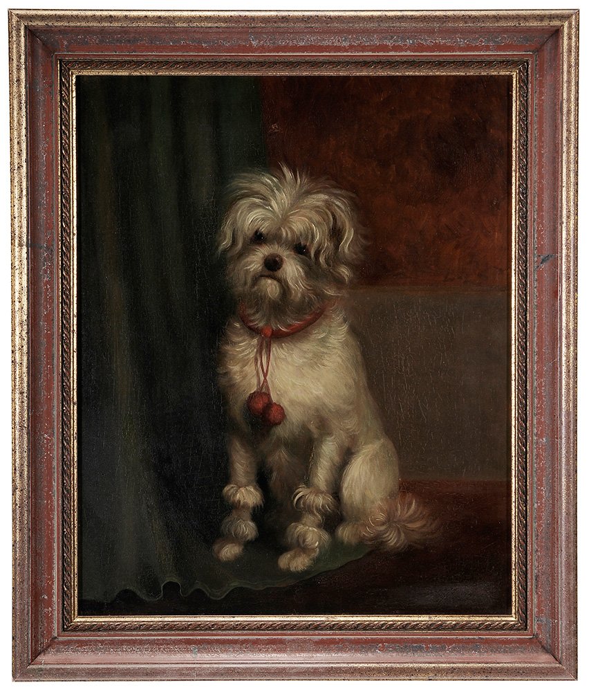 British School: (19th century) Maltese with a Red Pom Collar, inscribed verso "J.M.Jorman", oil on panel, 17-1/2 x 14 in.; modern frame,. Condition: crackle, draw crackle, some retouch with most left of front paw on 