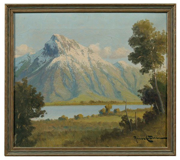Painting by Ramos Catalan: (Chilean, born 1890), landscape with snow covered mountain and lake, titled verso in pencil "Lur de Chile", signed lower right "Ramos Catalan", oil on canvas, light grime and crackle, 15-3/4 x 17-3/4"
