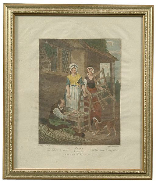Seven engravings, [Cries of London]: after Francis Wheatley, British, 1747-1801, published by Colnaghi & Co., London, 1796, engraved by various hands, sepia printed and hand-colored engravings on wove paper, loose in frames, light toning