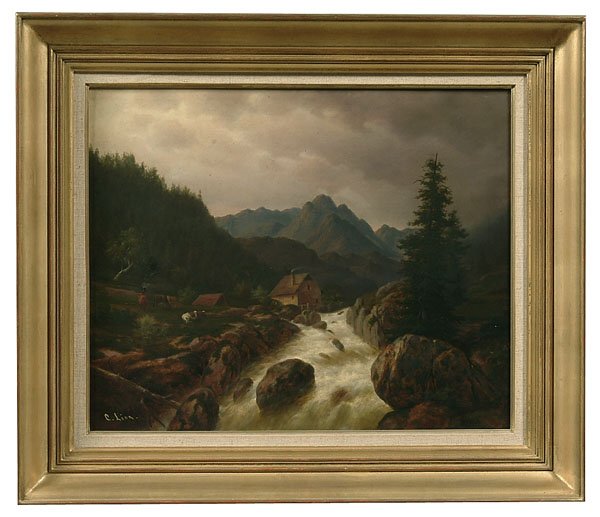 19th century German school painting,: mountain landscape with mill, cows, rushing river and stormy sky, signed lower left "C. Lion", oil on canvas, patch verso with related retouch, craquelure, grime, 17-1/2 x 21-3/8", modern wood frame w