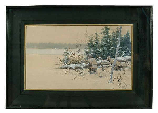 Hunting scene by Jack Wilkinson Smith: Hunting scene by Jack Wilkinson Smith (American, 1873-1949), pair of hunters behind fallen tree, taking aim at elk, possibly an illustration, signed lower right "Jack Smith," watercolor and body color