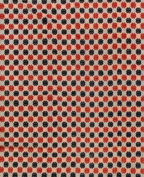 Three-panel overshot coverlet,: repeating blue and red checkerboard variant, one end with later machine-sewn hem, corner label "Stars in Offset Rows is pictured Sayder [sic] Wilson's Coverlets", 87 x 70 in. Minor selvedge fraying an