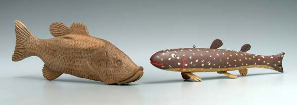 Two folk art fish: one marked "Miles Smith/Marine Sea…/Mich", possibly a fish decoy, 3-1/2 x 14 x 2-1/2 in., [minor wear to tips of fins]; one Clarence Stringfield (Tennessee, 1903-1976), carved poplar, unpainted and