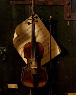 Print after William M. Harnett,: [trompe l'oeil] titled "Old Violin", published by "F. Tuchfarber Co. Publishers Cin.O.", 1887, signed lower left in print on envelope, after William Michael Harnett, P.A., New York, 1848-1892, chromol