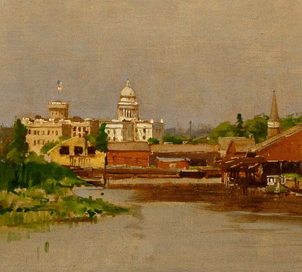 Gilbert Gaul painting: (William Gilbert Gaul, N.A., New York/Tennessee, 1855-1919), landscape with view of a city, river and dock house in foreground, courthouse or capitol and other government structures in background, pro