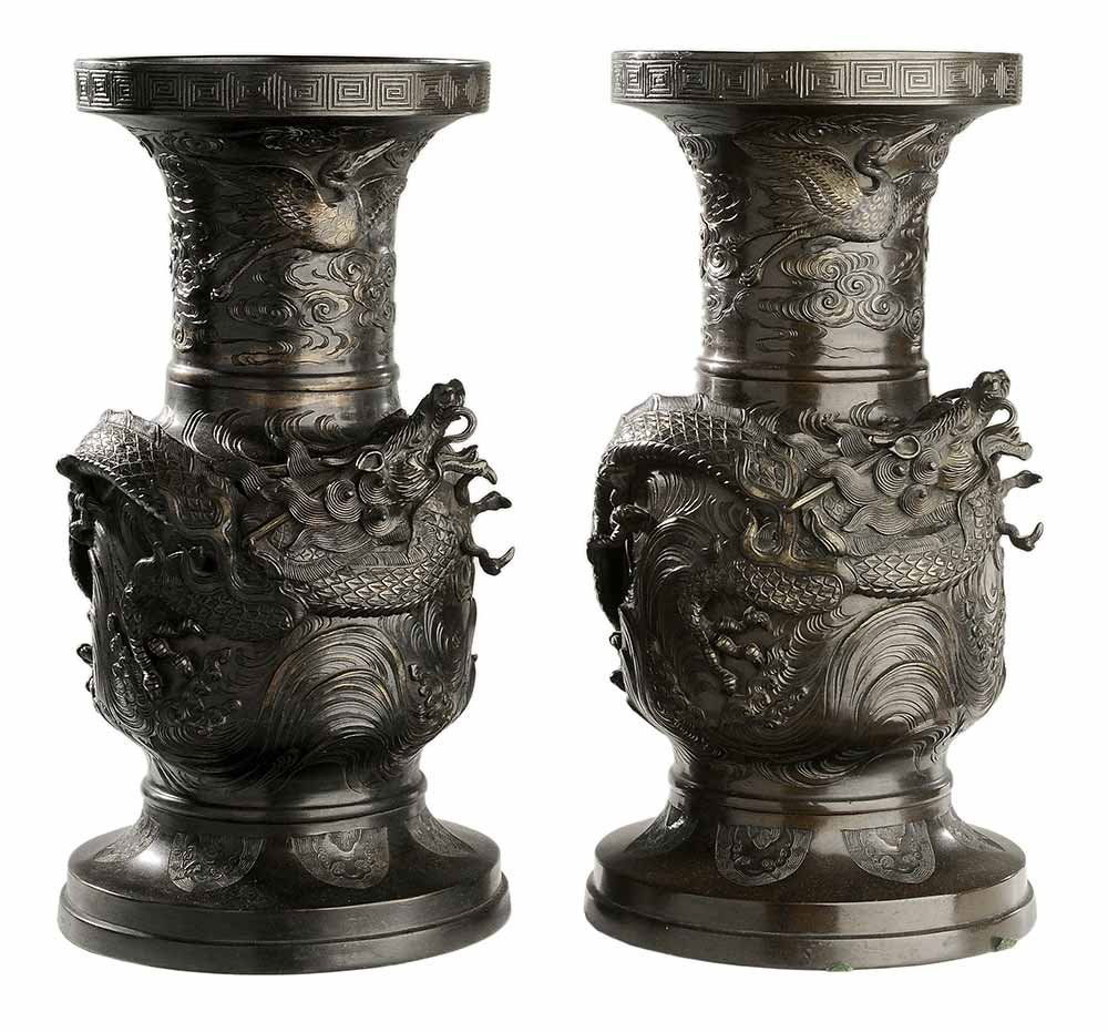 Pair Large Bronze Dragon and Stork (1 of 6)