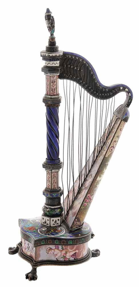Viennese Enamel Silver Harp-Form Clock (1 of 5)