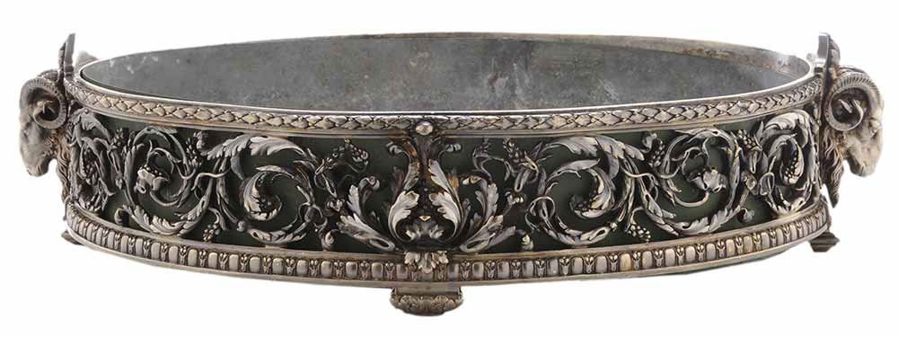 Gilt Silver-Plate Christofle: Centerpiece French, late 19th/early 20th century, oval with ram‘s head, openwork sides with acanthus, scroll and foliate decoration, wreath border; green painted metal liner, marks for Christofl