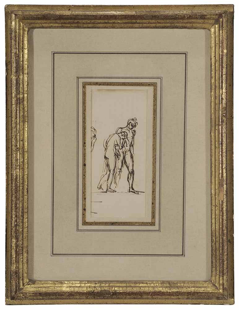 Attributed to Benjamin West: (Pennsylvania/Britain, 1738-1820) A Forlorn Couple (The Expulsion), unsigned, ink on laid paper, 4-1/4 x 1-7/8 in. (sight); gilt wood frame. Notes: Possibly a preliminary sketch for the 1791 painting,