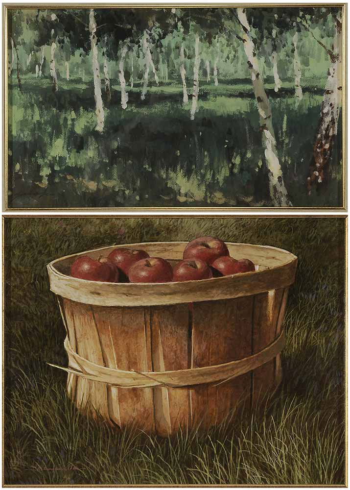 American School: (20th/21st century) Two Works: Some Apples, signed lower left "R. Benjamin Jones" (R. Benjamin Jones, Maryland, born 1936), tempera on masonite, 8 x 10 in.; Birch Forest, signed lower left ind