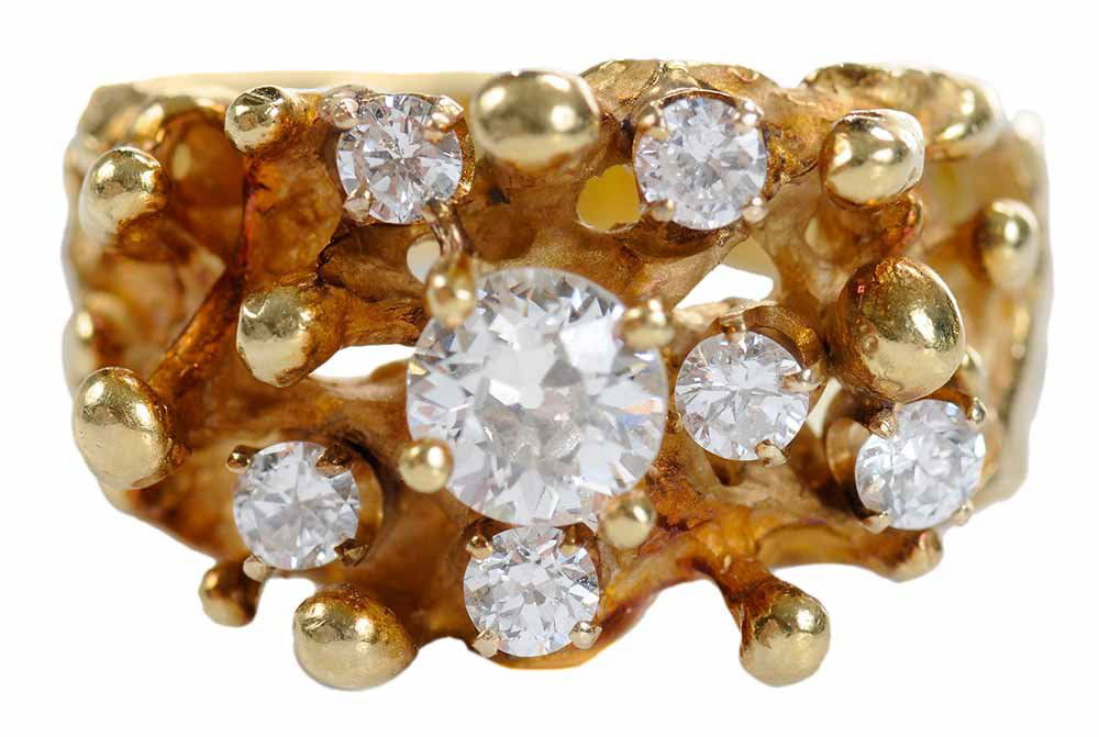 Ed Wiener 14kt. Gold Nugget Diamond: Ring with six round brilliant and transitional diamonds approx. 2.3 mm to 2.5 mm, Old European cut diamond in center approx 4.8 mm, estimated weight 0.36 carat, total combined carat weight 0.63 carat,