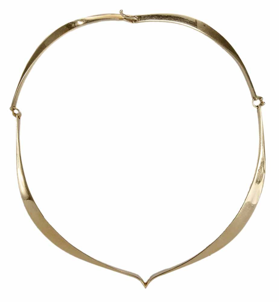 Ed Wiener 14kt. Forged Necklace: stamped "Ed Wiener, 14K", approx. 14 in., 24.8 grams. Notes: Brunk Auctions makes no warranty or guarantee whatsoever regarding the jewelry, its colored stones, diamonds, other gem materials,