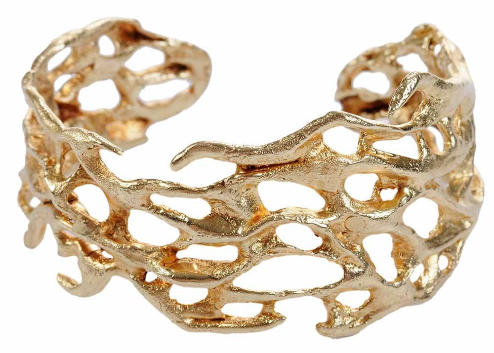 Ed Wiener 14kt. Cuff Bracelet: in free-form design, tapers from approx. 1-3/8 in. to 1/2 in., 5-1/2 in., 42.4 grams. Notes: Brunk Auctions makes no warranty or guarantee whatsoever regarding the jewelry, its colored stones, diamond