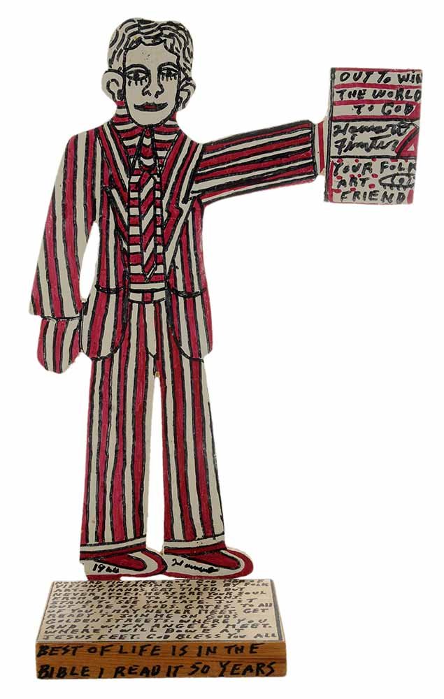 Howard Finster: (Georgia/Alabama, 1916-2001) Howard in 1966, #20,000.371, Aug. 4, 1991, signed on "Bible" and foot and verso and inscribed "Howard Finster/Your Folk Art Friend", paint on wood, 13-1/4 