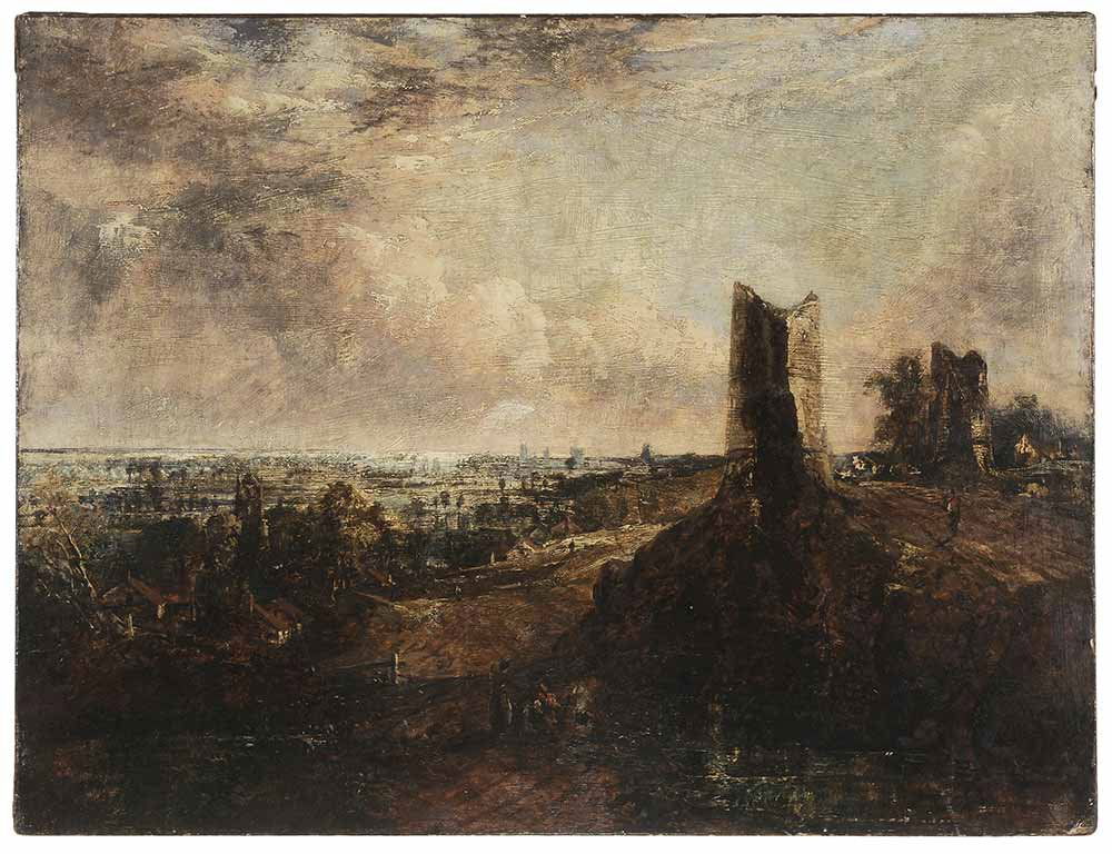 After John Constable: (British, 1776-1837) Hadleigh Castle (in reverse of original), unsigned, oil on canvas, 33-3/4 x 44 in.; unframed. Notes: Label verso for Museum of Fine Arts Boston, TL.13,413, dated 1967; Christie