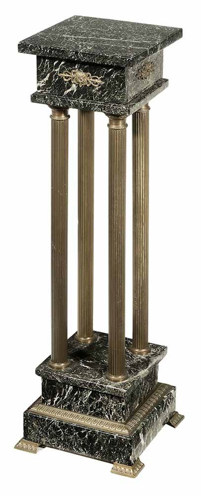 Empire Style Green Marble and Brass-: Mounted Pedestal 20th century, variegated green marble with brass rosette appliqués and four column supports, 35 in.. Provenance: Private Maryland Collection