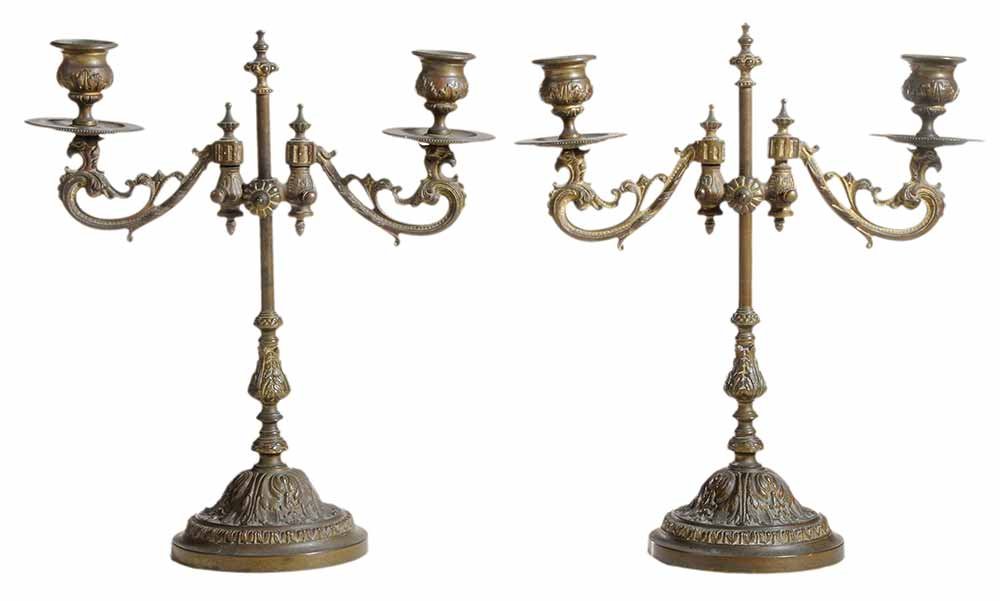 Pair Regency Bronze Candlesticks: French 19th century, signed on arm supports George Jules Ernest Binet, adjustable height ratches, acanthus leaf decorated base, 12 in.