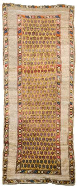 Persian runner,: overall designs on gold/olive field, ivory borders, 3 ft. 4 in. x 8 ft. 4 in. Generally even medium pile, scattered stains, reselvedged, no threadbare areas found, ends folded over and rebound. Proven
