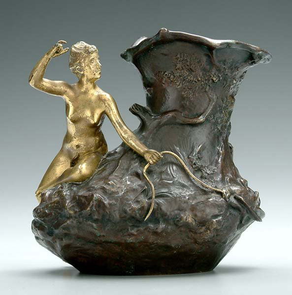 Bronze vase signed "J. Garnier": (French, late 19th/early 20th century), Diana the Huntress, naturalistic vase, 6-1/4 x 7 x 5-1/2 in. Wear to gilding on figure, missing portions of bow.