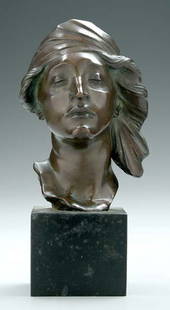 Evelyn Beatrice Longman bronze,: portrait of woman with wrapped hair, eyes partially open, marked "1929/E. B. Longman (Batchelder) N.A." and "Gorham & Co. Founder O.G.M.C.", square marble base, 9-3/4 x 4-1/2 x 3-1/2 in. with base. Ba