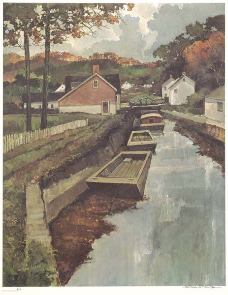 Eleven signed Eric Sloane lithographs: (N.A., Cornwall Bridge, Connecticut, 1905-1985), signed lower right in pencil "Eric Sloane", color lithographs, artist proofs: "Pennsylvania Canal", 28 x 22 in.; "New England Red", 20-1/2 x 28 in.; "D