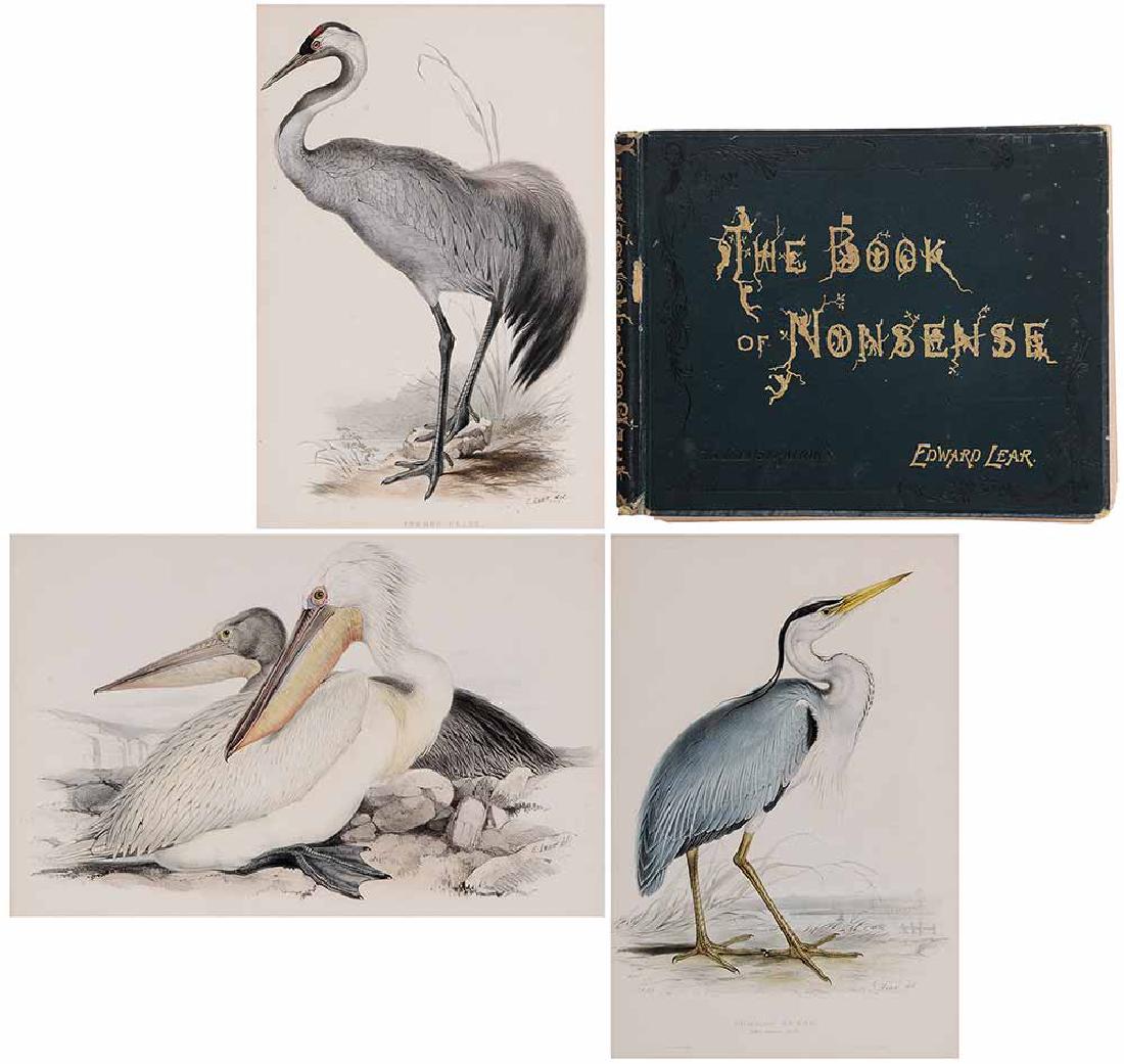 Edward Lear: (British, 1812-1888) Three ornithological prints and a book: Dalmation Pelican, 14-1/2 x 21-1/4 in. (sight), [slipped from mount]; Common Crane, 20 x 30-1/4 in. (sight); Common Heron, 20 x 13-1/4 in.