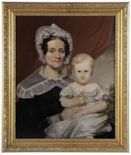 Attributed Jacob Eichholtz: (Pennsylvania, 1776-1842) Portrait of a Woman Holding a Child, unsigned, oil on canvas, 23-3/8 x 29 in.; modern gilt wood frame,. Condition: lined with paste and linen, crackle, cupping, scattered ret