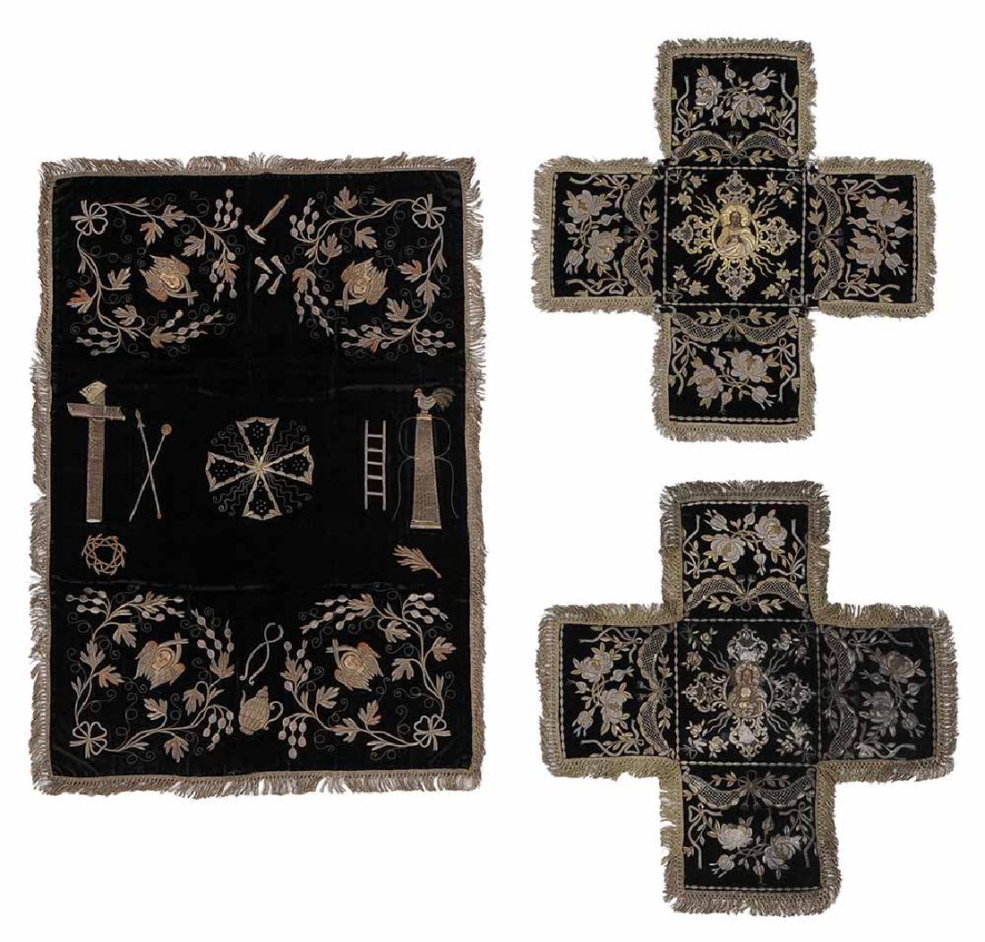 Three Russian Religious Embroidered: Cloths probably 19th century, one large cloth with applied and embroidered gilt decorationa and symbols on black velvet with metallic fringe,blue linen backing, 27 x 18 in. [wear to velvel especially 