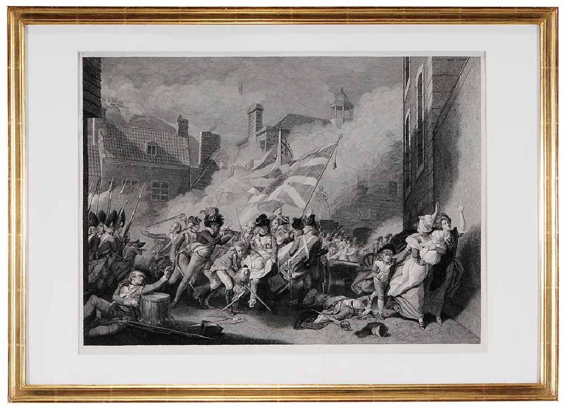 After John Singleton Copley: (18th/19th century) The Death of Major Peirson, 6 January 1781, engraving on thick laid paper, 19-5/8 x 29 in. (sheet); gilt wood frame,. Condition: restoration to some tears, trimmed at top and botto