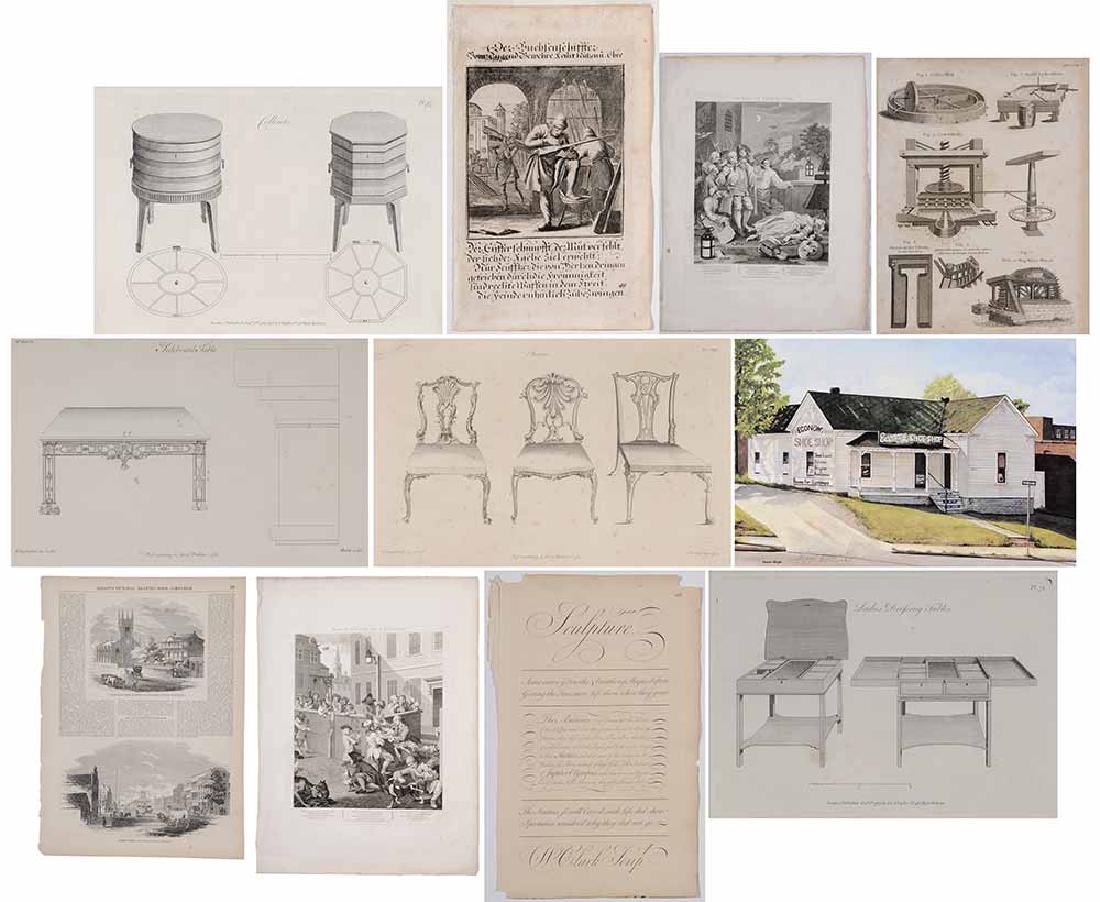 Group of Eleven Prints: (17th-20th century) Four engravings from Thomas Chippendale, [The Gentleman and Cabinet-Maker's Director..], 7-1/2 x 10-1/2 to 9-1/2 x 14-1/2 in. (sight) [toning and foxing, not removed from frames; f