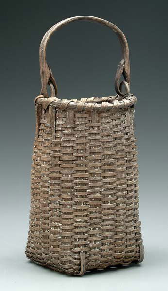 Oak split basket, bentwood handle,: sled-runner base, 17 in. Formerly painted white. Provenance: Found in Maine; Bob Timberlake Collection. Used in painting "Jerry's Peppers" by Bob Timberlake.