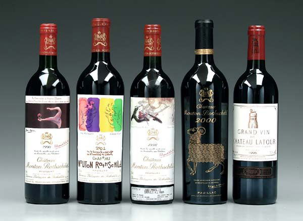 Five bottles wine,: Chateau Mouton Rothschild Pauillac, red Bordeaux: 1990, Francis Bacon; 1996, Gu Gan; 2000, embossed ram; 2001, Robert Wilson; 1995 Grand Vin Chateau la Tour, Grand Cru Classe. Labels in excellent cond