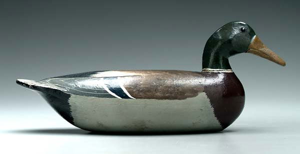 Tube Dawson mallard duck decoy,: 15-1/2 in. Repainted by Helen Hagabaumer (Illinois), repaired bill, paint chips and losses, neck separation. Provenance: Bob Timberlake Collection.