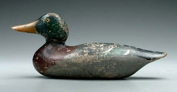 Mason mallard drake decoy,: standard grade, original paint, 15-1/2 in. Extensive paint chips and losses. Provenance: Bud Coppedge Collection, Virginia Beach, Virginia; Bob Timberlake Collection.