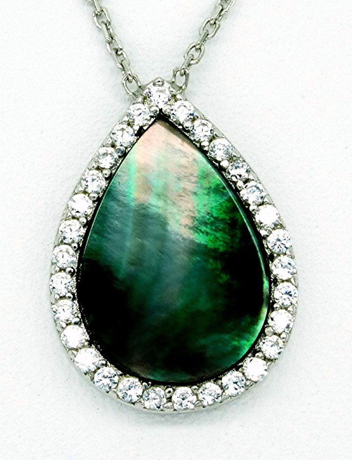 Beautiful Silver Crystal and Moonstone Slice Necklace: This beautiful silver crystal and dark green moonstone halo slice necklace is pave set with Swarovski crystals. Made with 925 sterling sliver. Weight 3.2 grams. 18 inch chain adjustable with spring lo