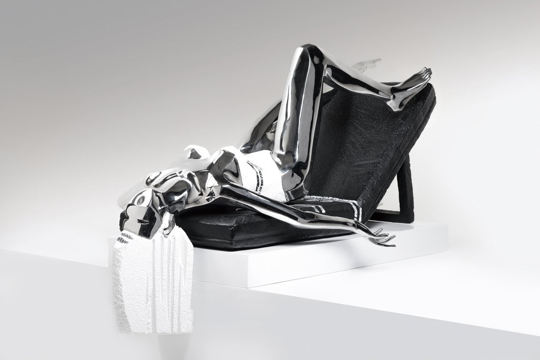 JU MING, Living World Series - Swimming: 2009. stainless steel 7/8. 158.5x89x96 cm (woman) / 118x47.5x49 cm (chair)