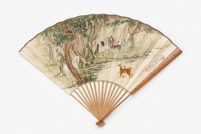 JI KANG, JI SHOU-ZHENG, HUANG SHAN-QUAN, Eight Steeds,: ink and color on paper, folding fan 32x47 cm