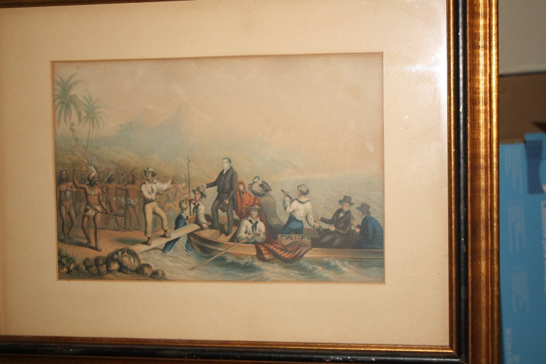 Rev. John Williams Massacre: G. Baxter of London, 1843 Original Color Print,8 1/2" by 13", 20 1/2" by 16" (with frame)