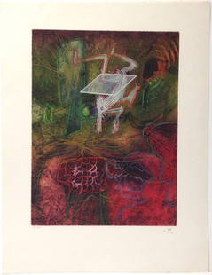 Roberto Matta, "Damne Par L'arc-en-ciel": From portfolio Une Saison en Enfer, 1978. Etching and aquatint in colors on Arches paper, signed in pencil. 26 x 20 inches. published by Polígrafa, Barcelona.