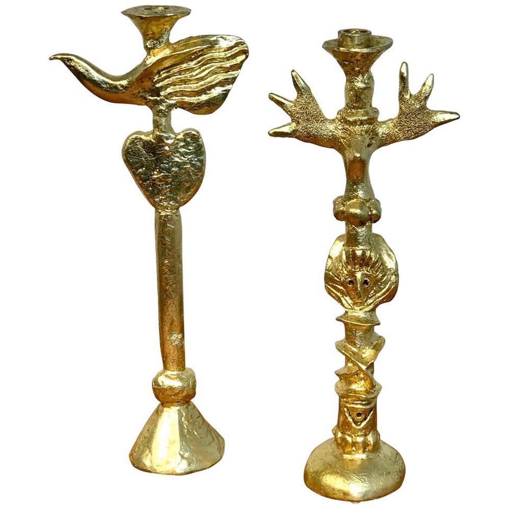 Pair of Gilt Bronze Figural Candlesticks by Pierre: Pair of gilt bronze figural candlesticks by Pierre Casenove for Fondica Each signed by P. Casenove 18" height x 7.5" width x 3.5" diameter base