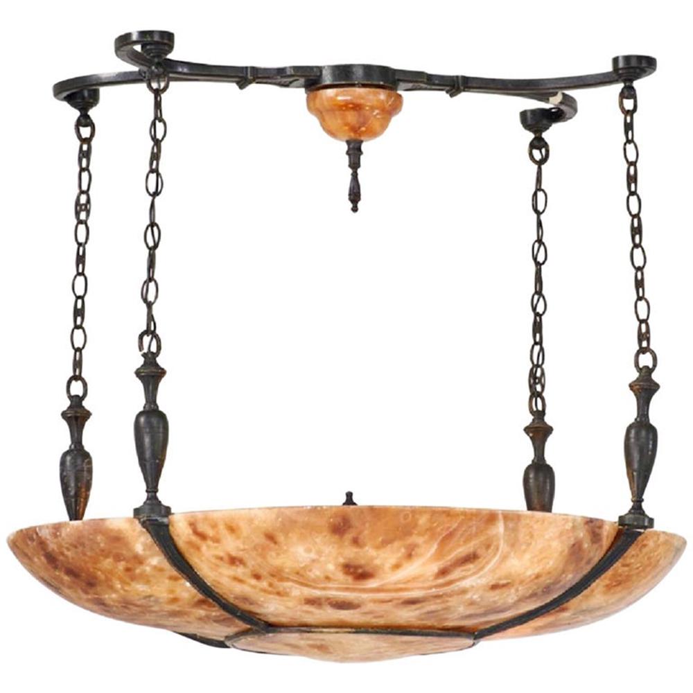 Edgar Brandt Style Alabaster Bronze-Mounted Chandelier: Edgar Brandt Style Alabaster Bronze-Mounted Chandelier Measures: H 28.5 in. x W 22 in. x D 21 in.