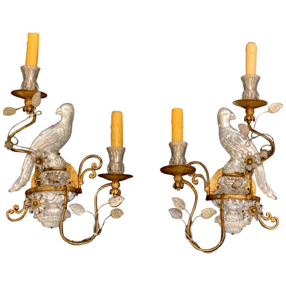 Pair of Maison Baguès Crystal Bird Motif Wall: Pair of Maison Baguès Crystal Bird Motif Wall Sconces Measures: H 19 in. x W 14 in. x D 5 in.