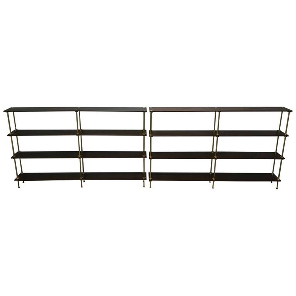 Pair of Campaign Mahogany & Brass Bookcases: Pair of Campaign Mahogany & Brass Bookcases Dimensions of shelf 1: 54" W x 6.5" D x 33" H. Dimensions of shelf 2: 53.38" W x 7" D x 33" H.