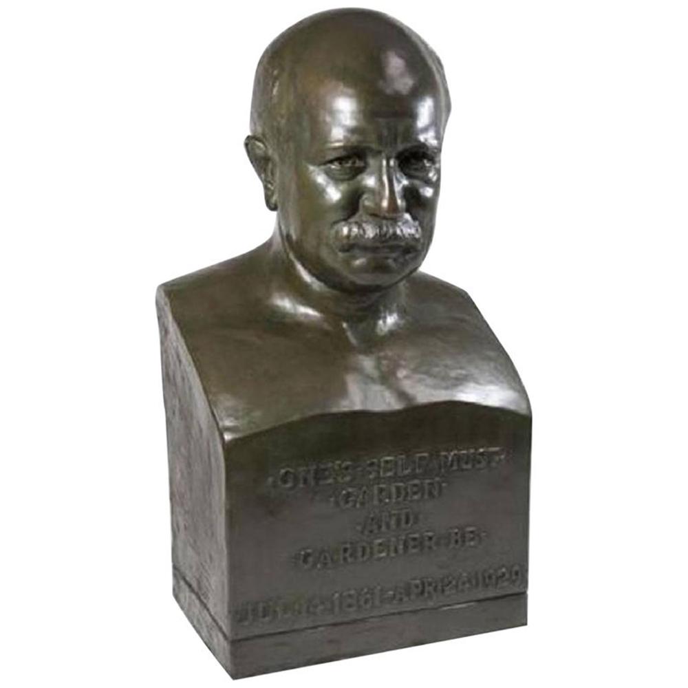 Bronze Bust of a Poet: Bronze portrait bust of a Poet, Inscribed and signed One's Self Must Garden and Gardener Be Jul. 14, 1861-Apr. 24, 1929 Signed in script and dated. Measures: H 23 in. x W 14 in. x D 11 in.