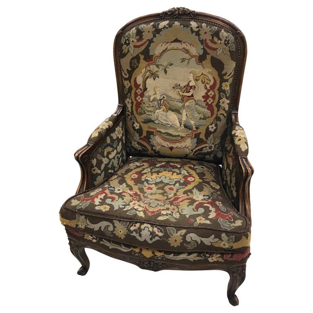 French Needlework Bergère Chair: French Needlework Bergère Chair Measures: 41" h x 29" w x 23" d sh: 17"