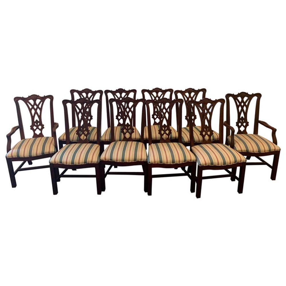 10 Mahogany Dining Room Chairs, by Thomasville: 10 Mahogany Dining Room Chairs, by Thomasville Armchair measures 40" H x 24"W x 20"D, arm height is 25.5", seat height is 18" Side chair measures 40" H x 22"W x 20"D seat height is 18".